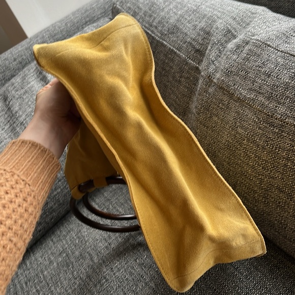 Anthropologie Pom Pom suede leather wooden handles tote, yellow - Picture 7 of 9
